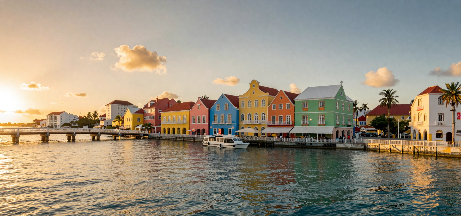 Colorful Handelskade waterfront in Willemstad Curaçao at golden sunset with pastel Dutch colonial buildings reflected in turquoise harbor