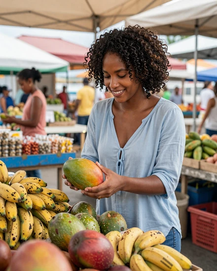 Vincentian woman selecting fresh tropical fruit at a colorful harbor market in Kingstown Saint Vincent