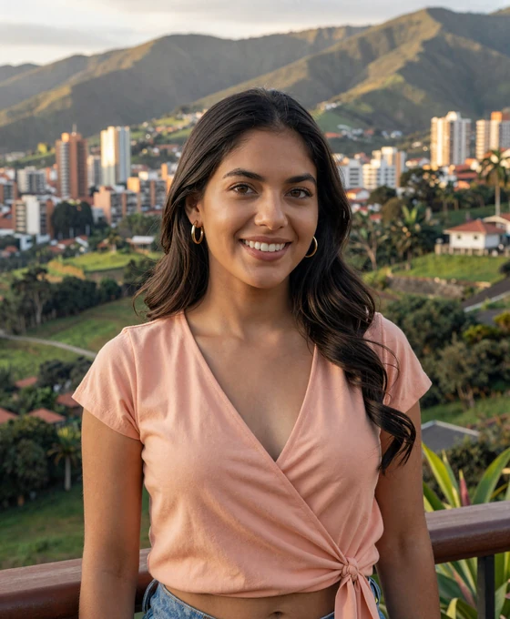 Colombian woman smiling on a balcony overlooking the green Medellín valley - what Colombian women look for in a partner