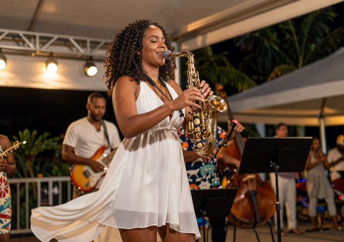 Saint Lucian woman enjoying live jazz music at a Caribbean festival in Saint Lucia