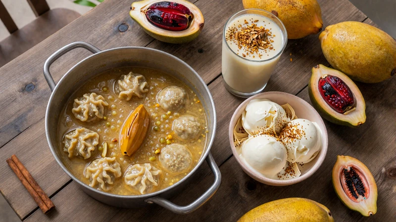 Traditional Grenadian food spread featuring oil-down, fresh nutmeg fruit, cinnamon sticks, and rum punch