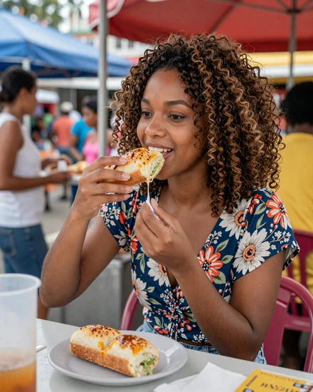 Trinidadian woman enjoying doubles street food at a vibrant Port of Spain vendor