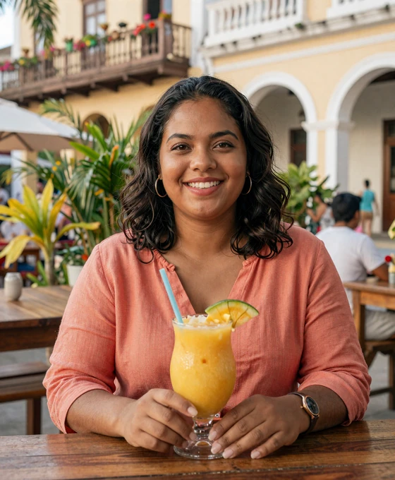 Dominican woman enjoying a tropical drink at an outdoor café in Santo Domingo - meet dominican singles
