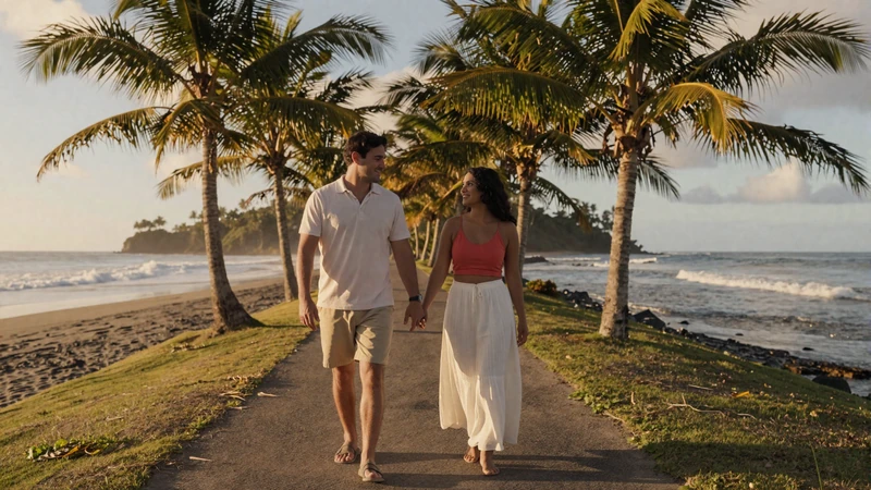 Couple walking together on a Costa Rican tropical beach path surrounded by palm trees at golden hour