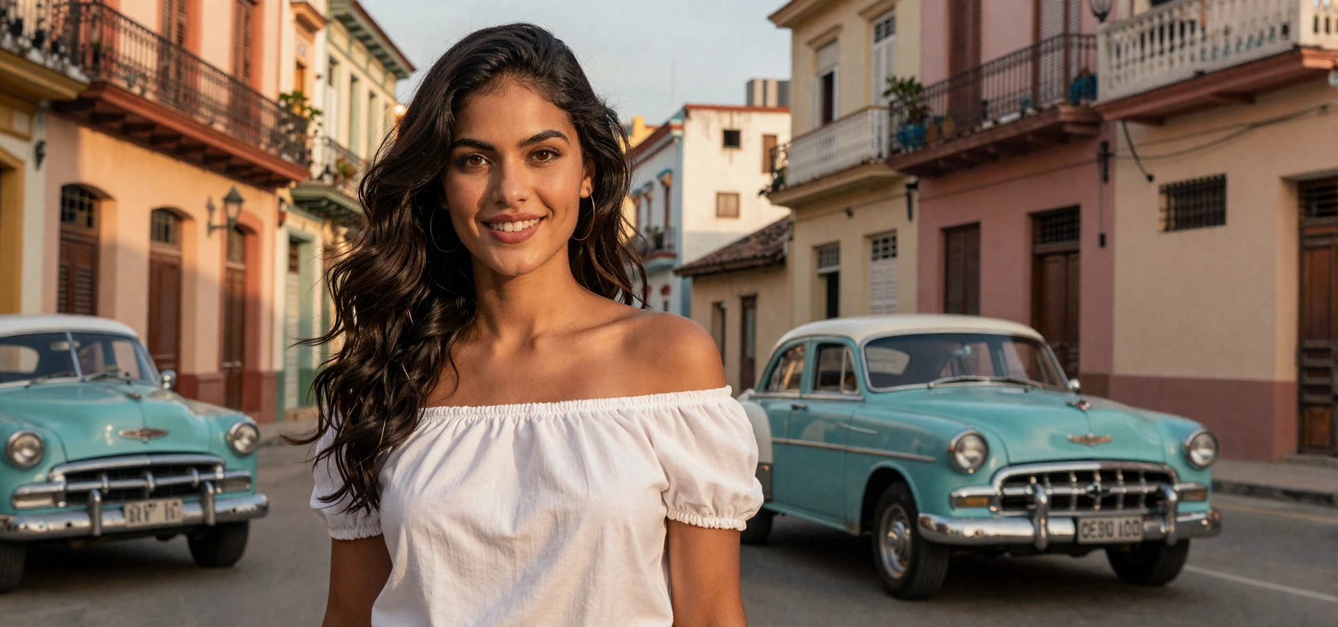 Beautiful Cuban woman smiling on a colorful Havana street with vintage cars - cuban women dating