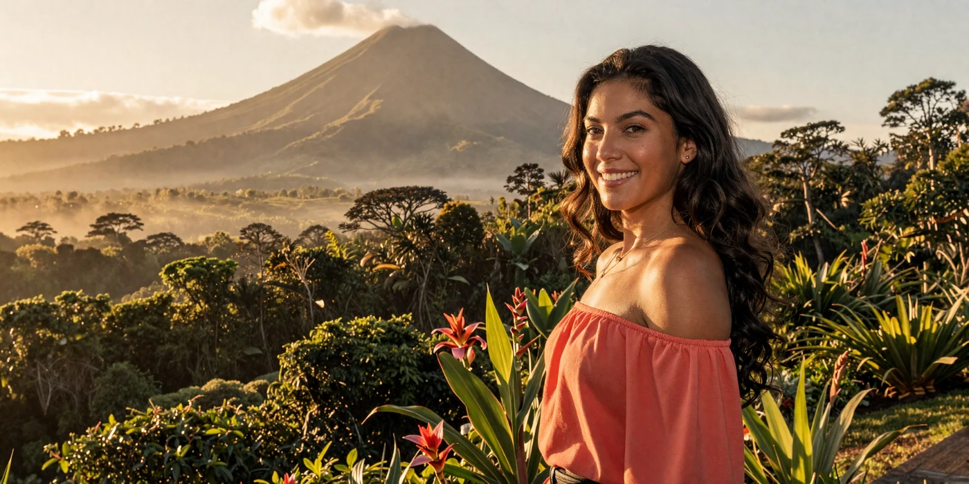 Beautiful Costa Rican woman smiling on a tropical hillside terrace with volcanic mountains and lush rainforest at sunset