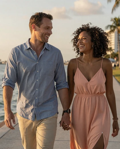 Happy American man and Haitian woman couple walking together along Miami waterfront at sunset