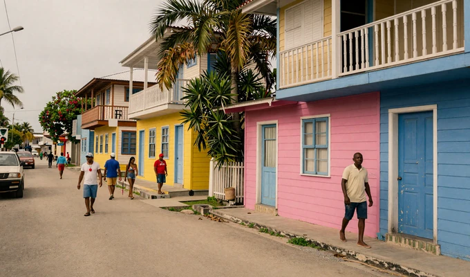 A colorful Caribbean street in Belize City showcasing the vibrant multicultural atmosphere central to Belizean dating culture