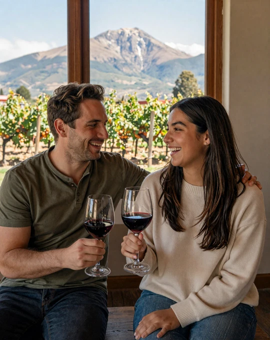 American man and Chilean woman sharing wine at a Chilean vineyard with Andes mountain view, illustrating genuine cross-cultural Chilean dating connection