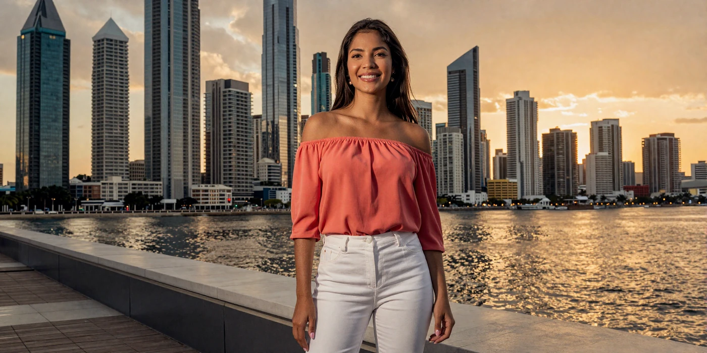Beautiful Panamanian woman on the Cinta Costera waterfront with Panama City skyline and Pacific Ocean at golden hour sunset
