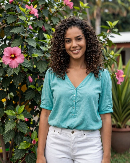 Beautiful Creole Surinamese woman in a Paramaribo garden representing authentic Surinamese singles for dating