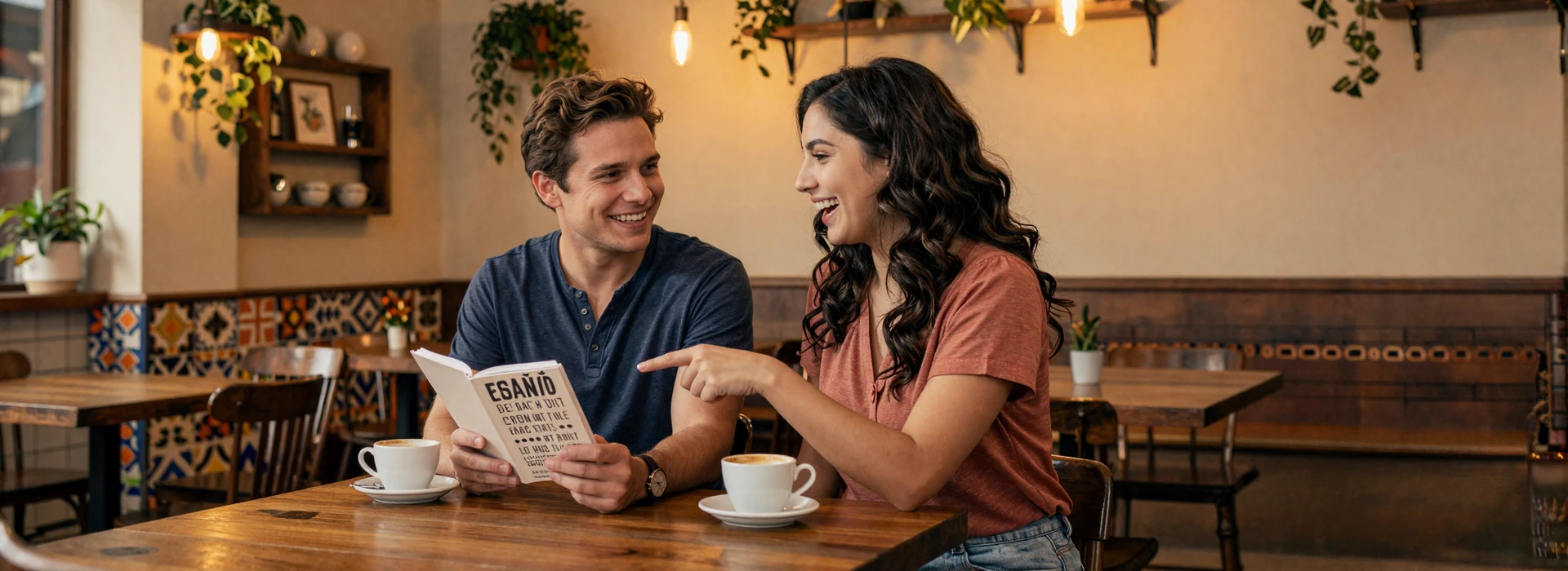 American man learning Spanish phrases with a Latina woman at a cozy Latin American cafe - learning Spanish for dating