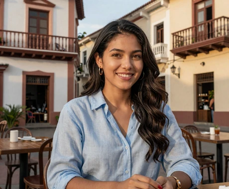 Panamanian woman enjoying coffee at an outdoor cafe in Casco Viejo with colorful colonial architecture
