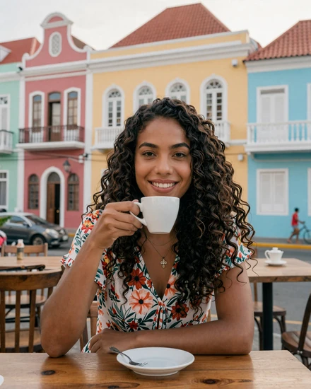 Dutch Antillean woman enjoying coffee at a colorful Pietermaai District cafe in Willemstad Curaçao