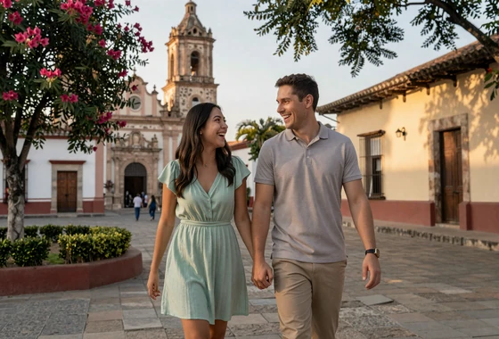 Happy American man and Latina woman walking hand in hand through a colonial town - cross-cultural romance