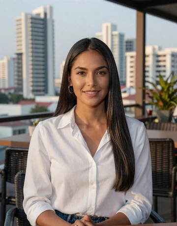 Alejandra, 28, elegant Panamanian woman dating profile from Panama City at a rooftop cafe with skyline view