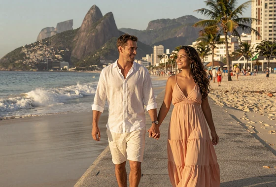 American man and Brazilian woman walking together along Copacabana Beach at sunset - brazilian dating culture