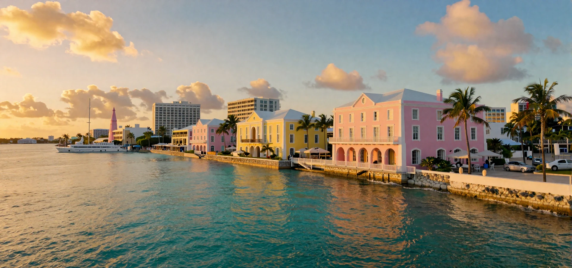 Scenic golden hour view of Nassau Bahamas harbor with pastel colonial buildings and crystal clear turquoise Caribbean water