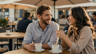 American man and Latin woman on a date at a cafe