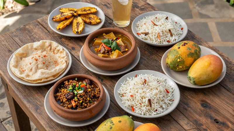 Traditional Guyanese food spread including pepperpot curry roti and cook-up rice showcasing the multicultural cuisine