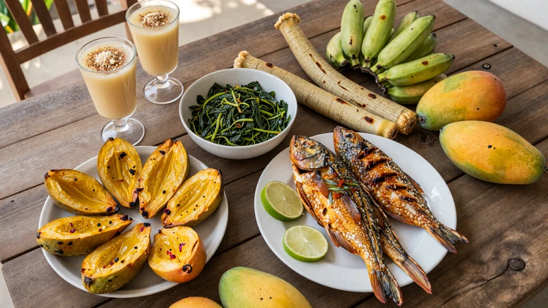 Traditional Vincentian food spread with roasted breadfruit, fried jackfish, callaloo, dasheen, and rum punch