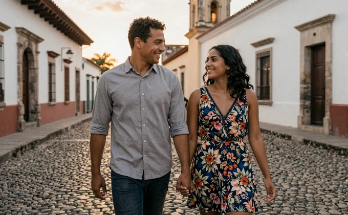 An American man and Guatemalan woman walking together on a romantic cobblestone street in Antigua Guatemala