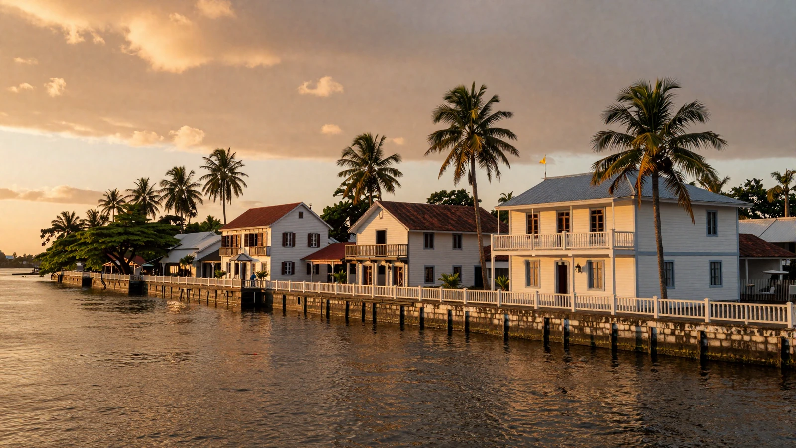 Scenic golden hour view of Paramaribo Suriname historic waterfront along the Suriname River
