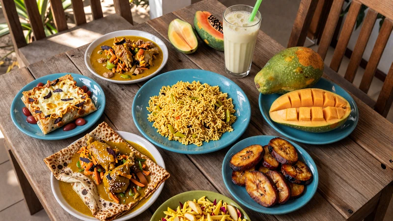 Traditional Surinamese food spread including roti nasi goreng and pom showcasing the multicultural cuisine of Suriname