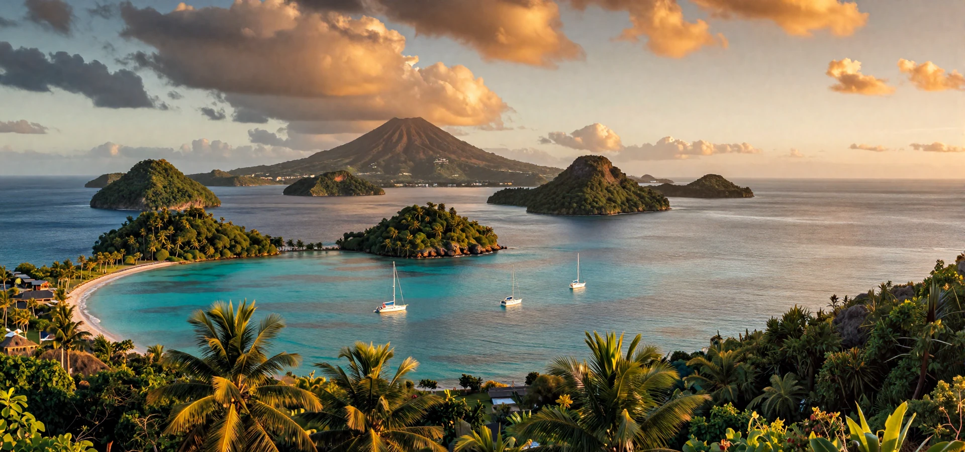 Stunning sunset view of the Grenadines island chain from Saint Vincent with turquoise Caribbean waters and lush green islands