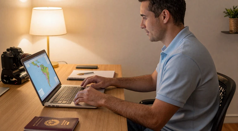 Man planning his first trip to meet his Latin girlfriend - international travel preparation