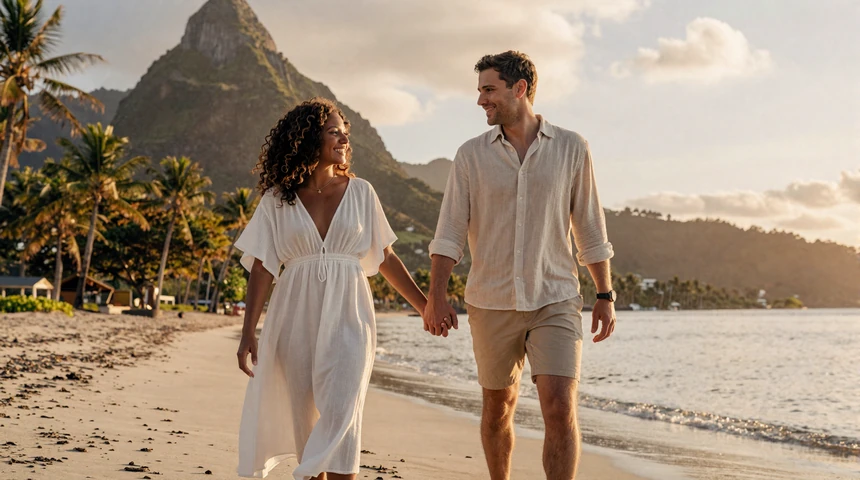 American man and Saint Lucian woman walking together on a beach with the Pitons in the background at sunset