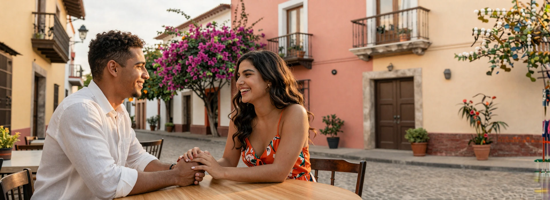 Happy American man and Latina woman holding hands at an outdoor cafe - how to date latina women guide