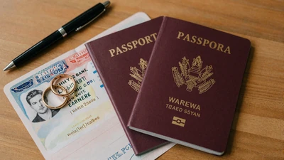 K-1 visa documents and wedding rings on a desk