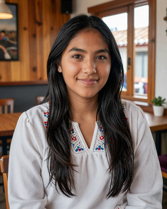 Peruvian woman smiling warmly in a cozy cafe in Lima wearing traditional embroidered blouse