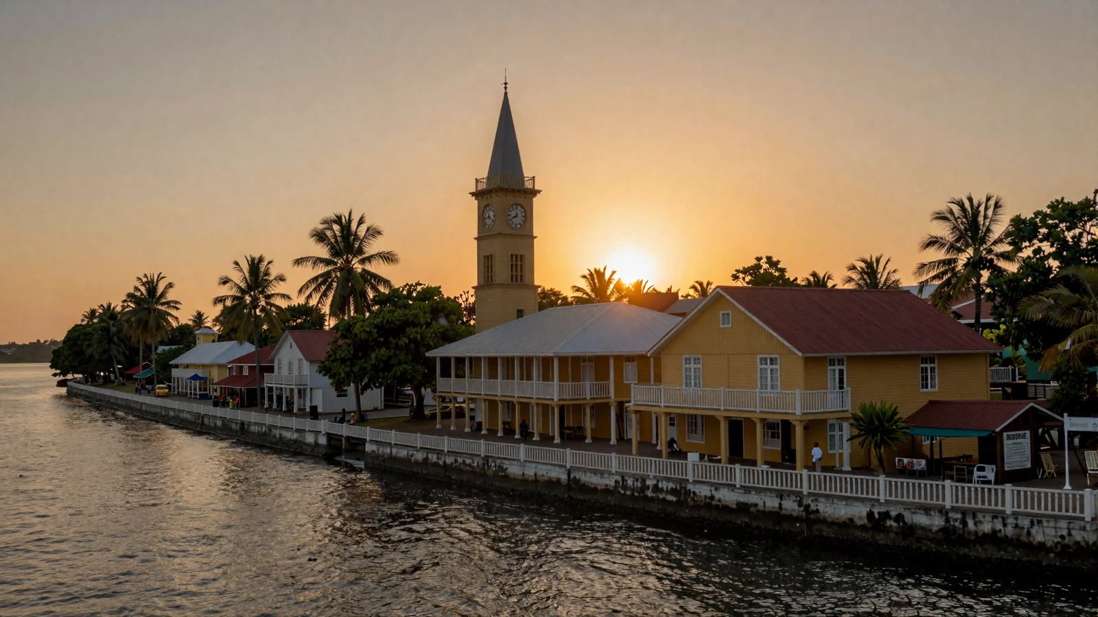 Scenic golden hour view of Georgetown Guyana waterfront with Stabroek Market and Demerara River