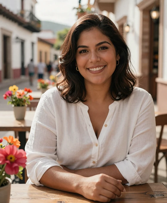 Smiling Latina woman at an outdoor cafe - meet latina singles for genuine relationships
