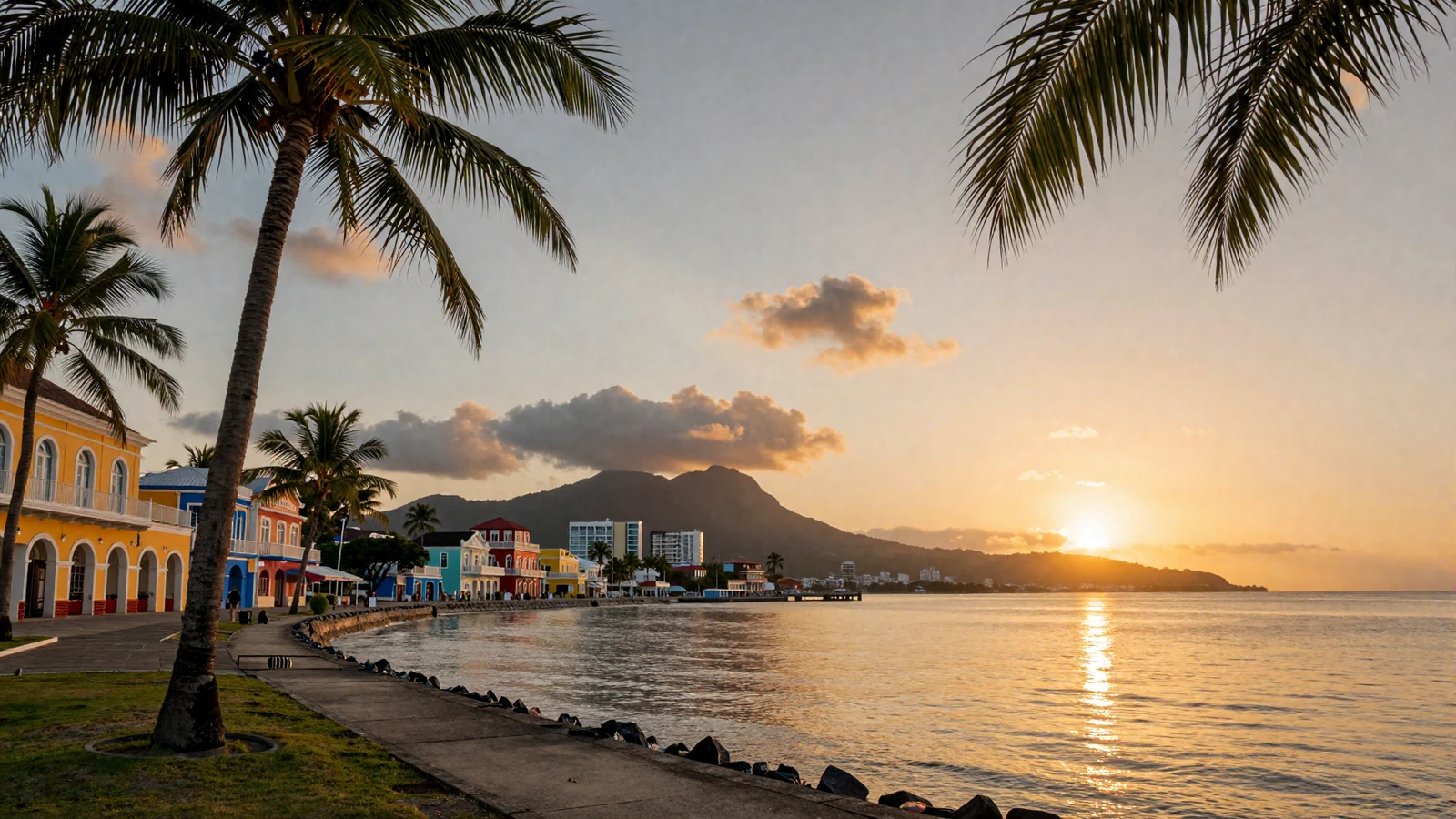 Scenic golden hour view of Port of Spain Trinidad waterfront with mountains and Caribbean Sea