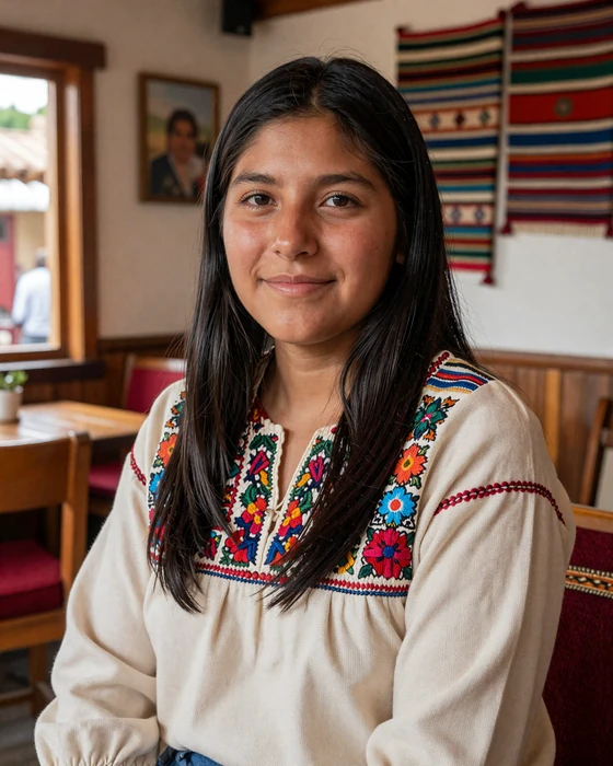 Beautiful Bolivian woman smiling warmly in a cozy café in La Paz wearing traditional embroidered blouse