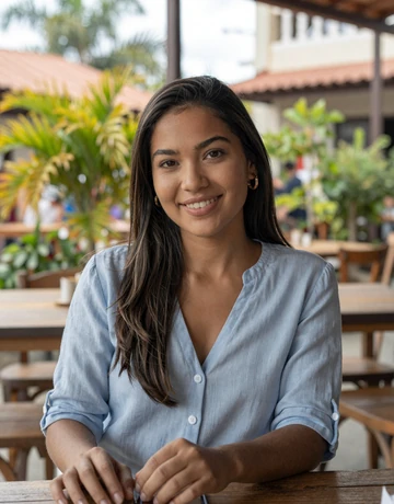 Valentina, 27, Costa Rican woman dating profile from San José with warm smile at outdoor cafe
