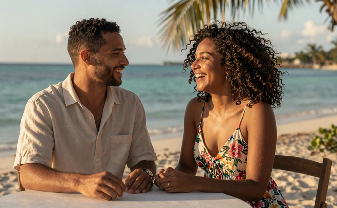 An American man and Belizean woman enjoying a romantic beachside moment in Belize