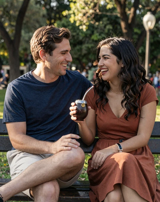 American man and Argentine woman sharing mate in a Buenos Aires park, illustrating genuine cross-cultural Argentinian dating connection