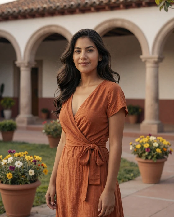 Beautiful Peruvian woman in a colonial courtyard wearing a warm orange dress, representing what Peruvian women value in relationships