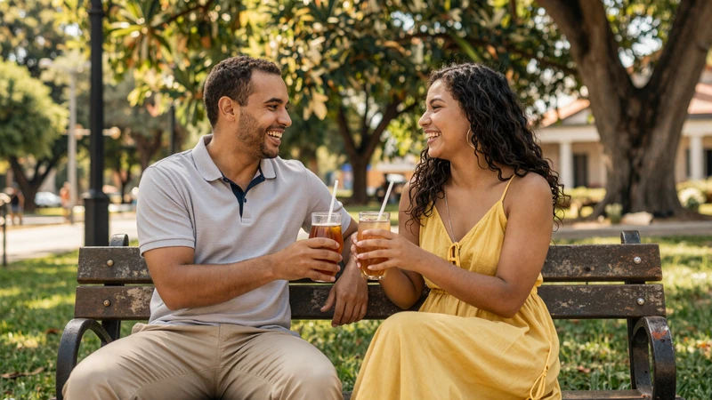 An American man and Paraguayan woman sharing tereré together on a park bench in Asunción, illustrating cross-cultural dating