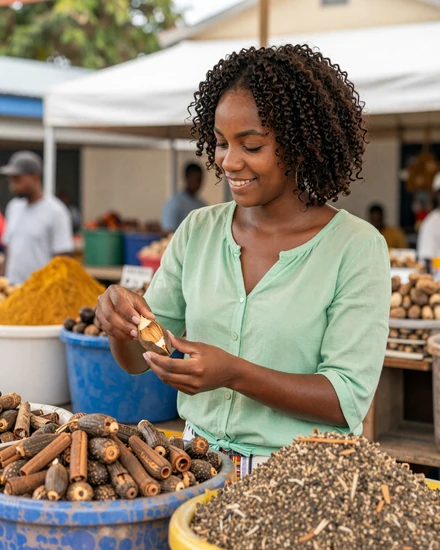 Grenadian woman selecting fresh nutmeg at a colorful spice market in St. George's Grenada
