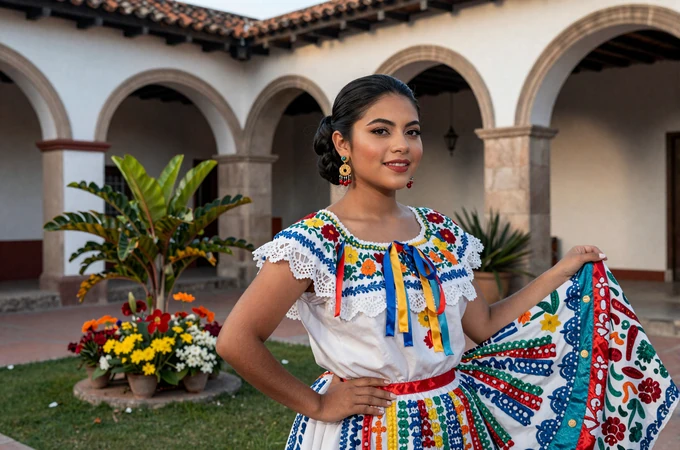 Nicaraguan woman in traditional folkoric dress in a colonial courtyard in Masaya, showcasing the cultural richness of Nicaraguan dating
