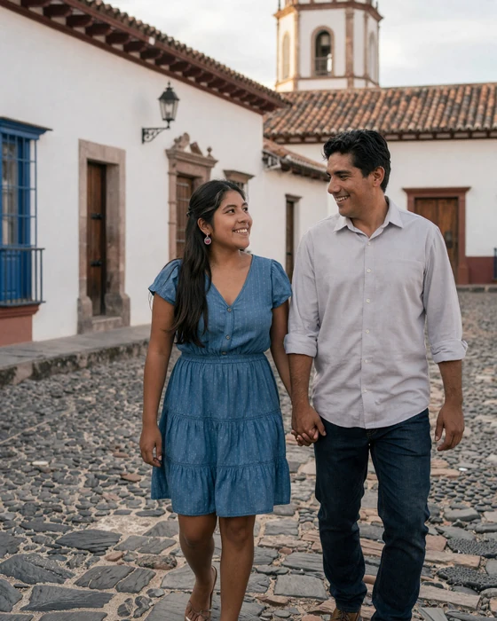 An American man and Bolivian woman walking hand in hand through the colonial streets of Sucre Bolivia