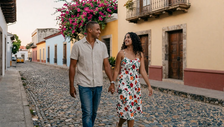 American man and his Latin girlfriend walking hand in hand on a colorful colonial street during a visit