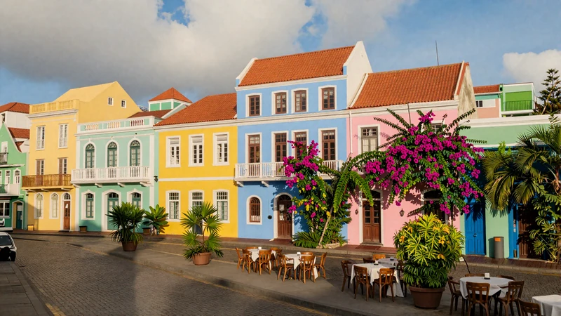 Colorful restored colonial townhouses in Pietermaai District Willemstad Curaçao showing European Caribbean architectural fusion