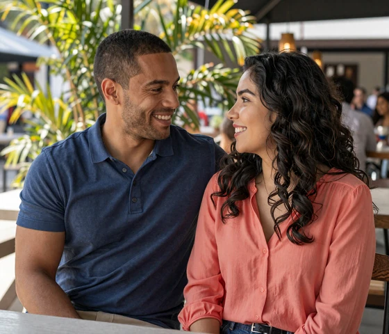 Happy American man and Latin woman sitting together at a cafe - US4U Latin success story couple