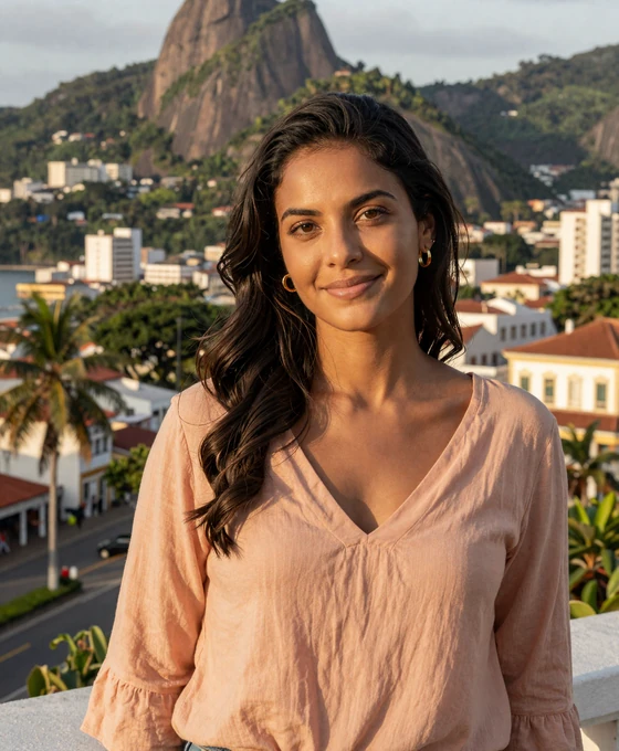 Brazilian woman smiling on a balcony overlooking a tropical city - what Brazilian women look for in a partner